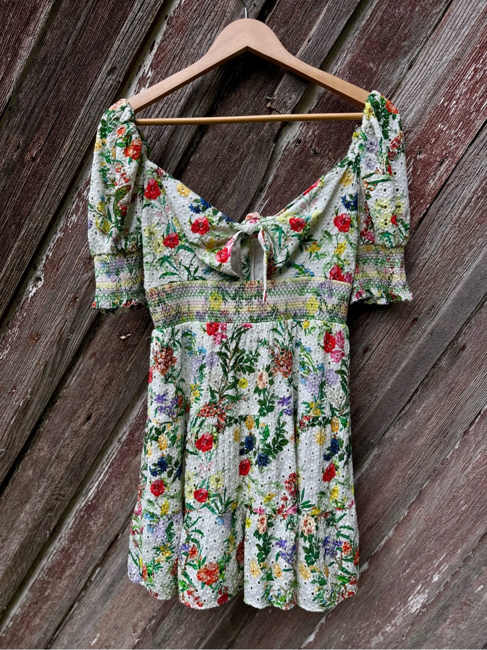 Alice + Olivia Floral Eyelet Mini Dress Smocked Puff Sleeve Cottagecore